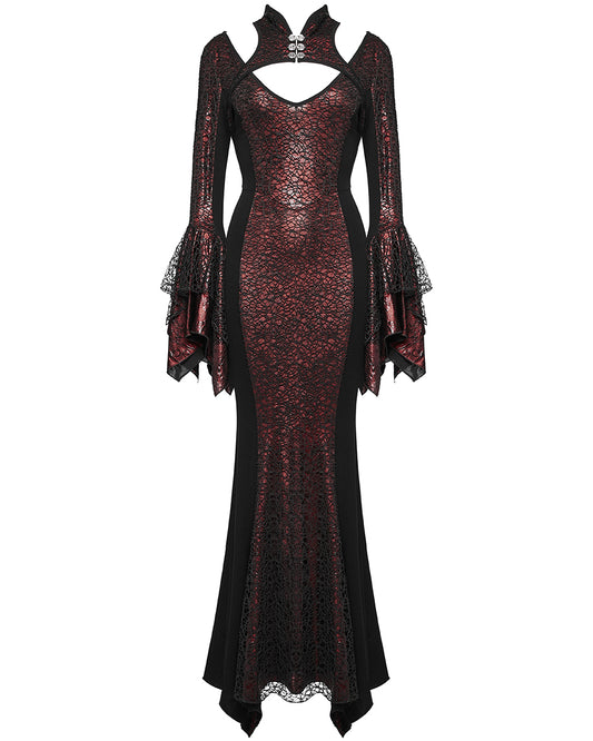 WQ-772LQF Womens Long Gothic Fitted Maxi Dress With Mesh Contrast - Red & Black