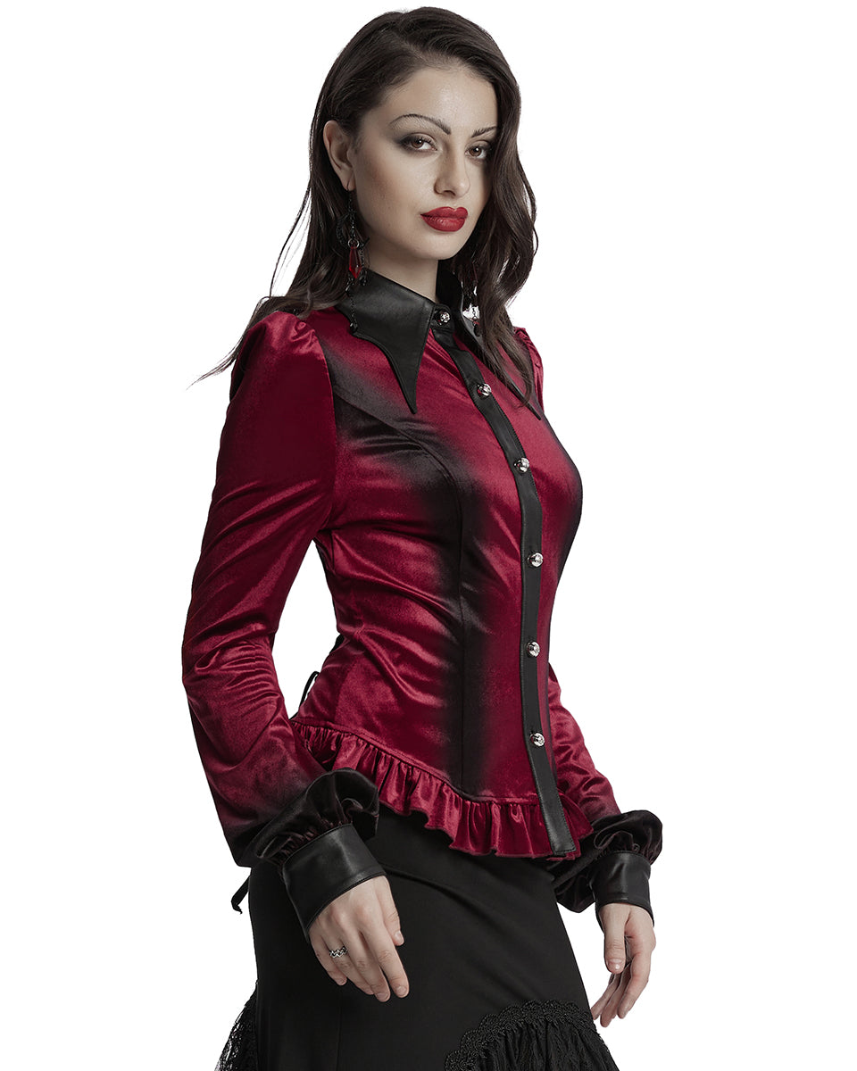 OY-1697DQF-RDF Daily Life Gothic Gradient Velvet Bat Collar Blouse Top - Red & Black