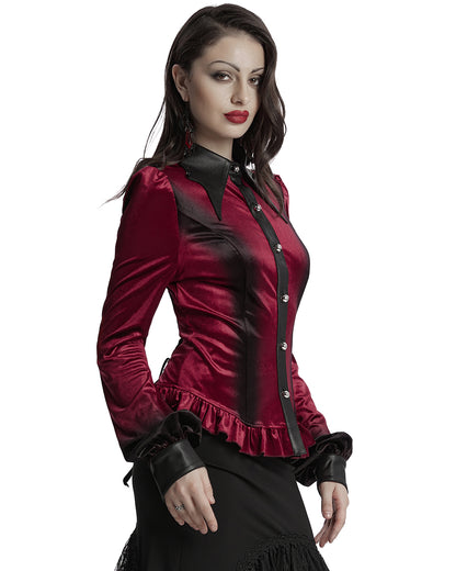 OY-1697DQF-RDF Daily Life Gothic Gradient Velvet Bat Collar Blouse Top - Red & Black