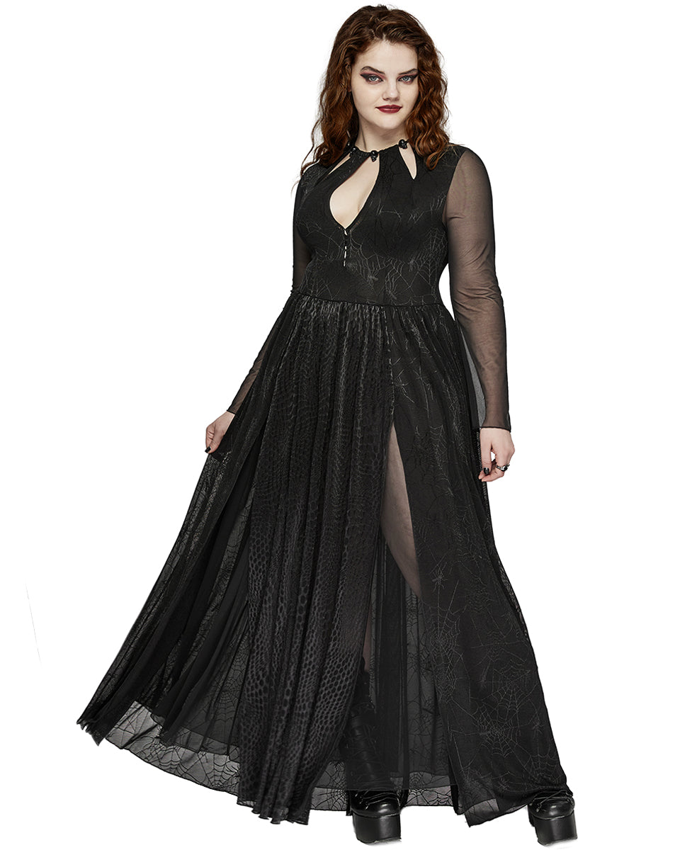 DQ-738LQF Plus Size Womens Gothic SpiderWeb Mesh Snakescale Maxi Dress