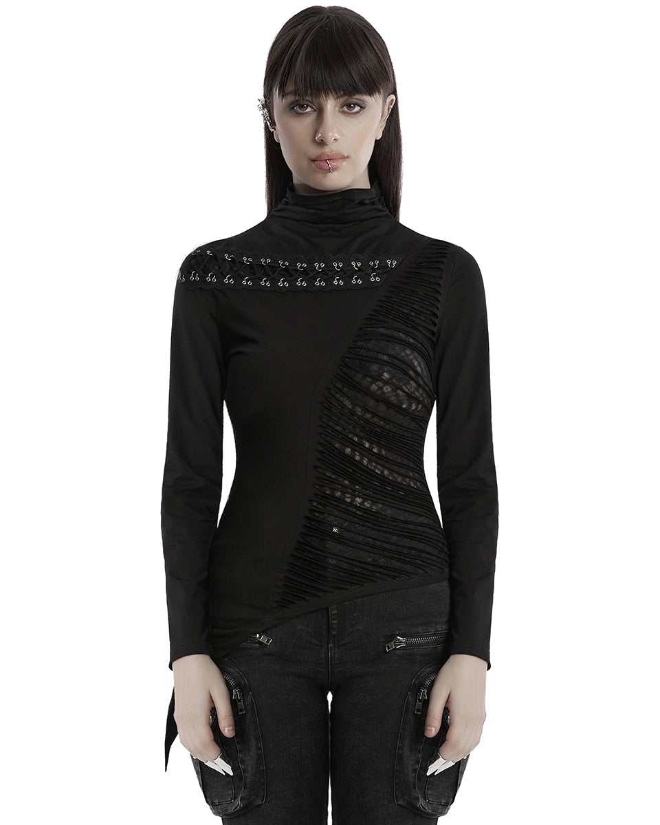 OT-952TCF-BKF Daily Life Womens Asymmetric Apocalyptic Spliced Mesh Top