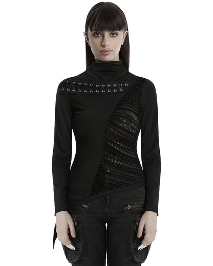 OT-952TCF-BKF Daily Life Womens Asymmetric Apocalyptic Spliced Mesh Top