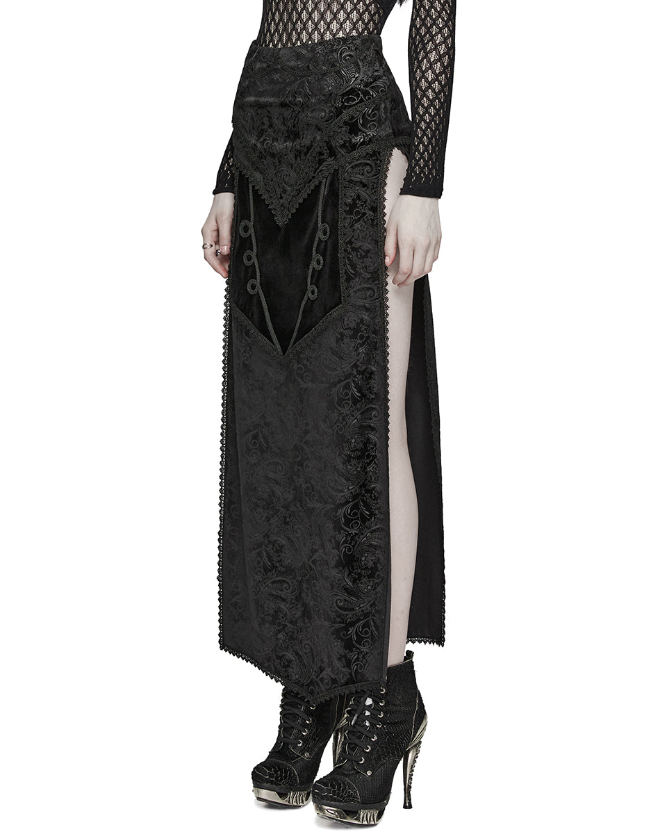 WQ-679BQF Womens Long Gothic Regency Paisley Velvet Side-Split Skirt