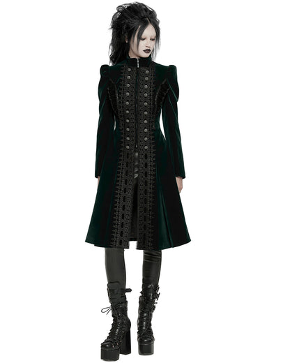 WY-1633XCF Womens Gothic Velvet Embellished Mid Length Military Coat - Bottle Green