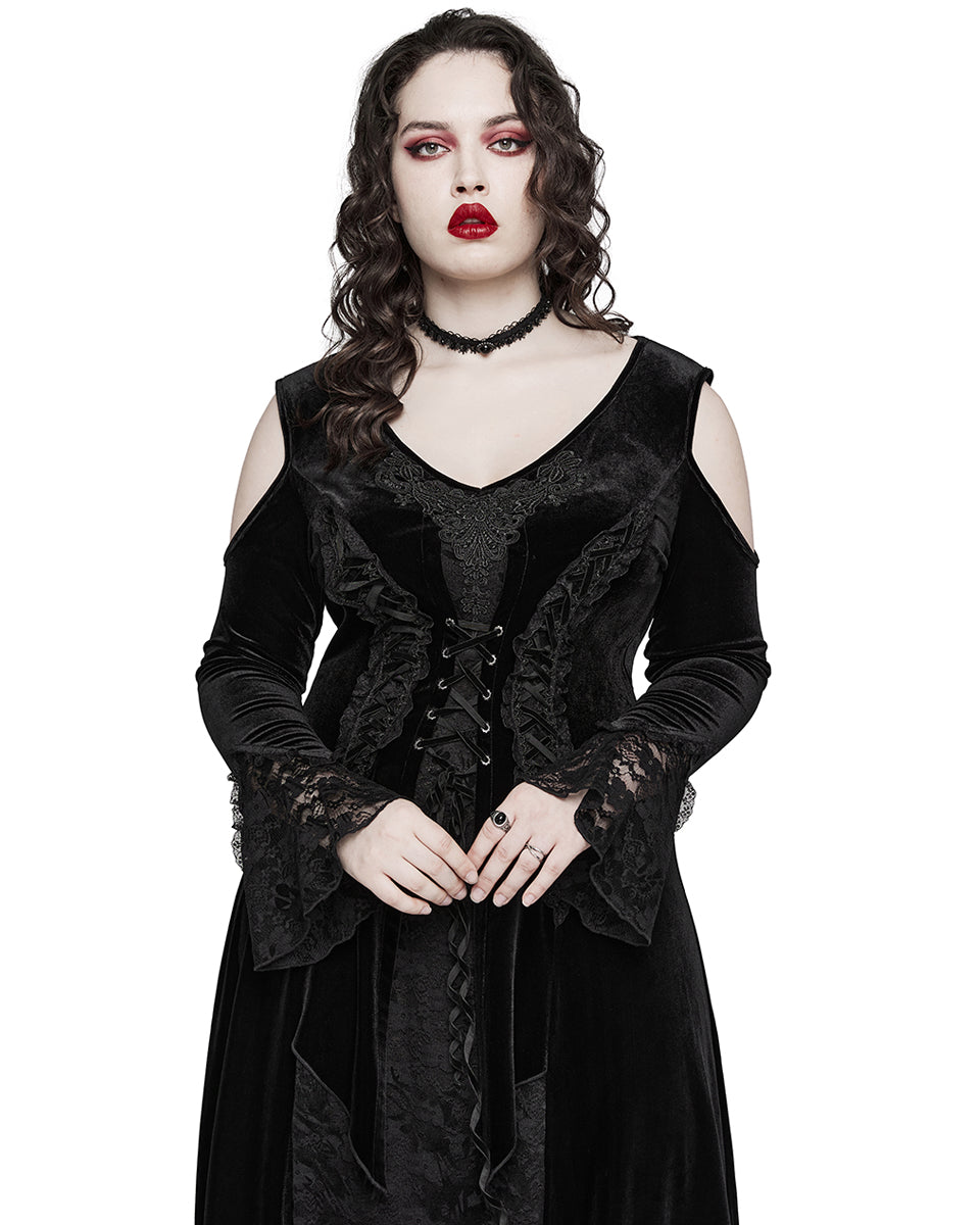 PR-DQ-664LQF-BKF Gorgeous Baroque Gothic Velvet & Lace Maxi Dress - Extended Size Range