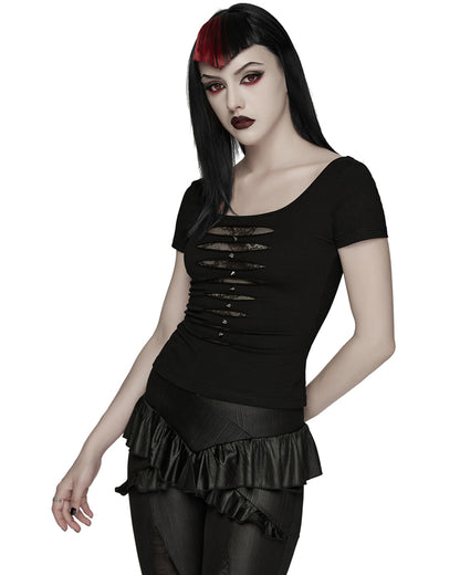 WT-1081TDF Womens Gothic Studded & Slashed Mesh Inset Tee