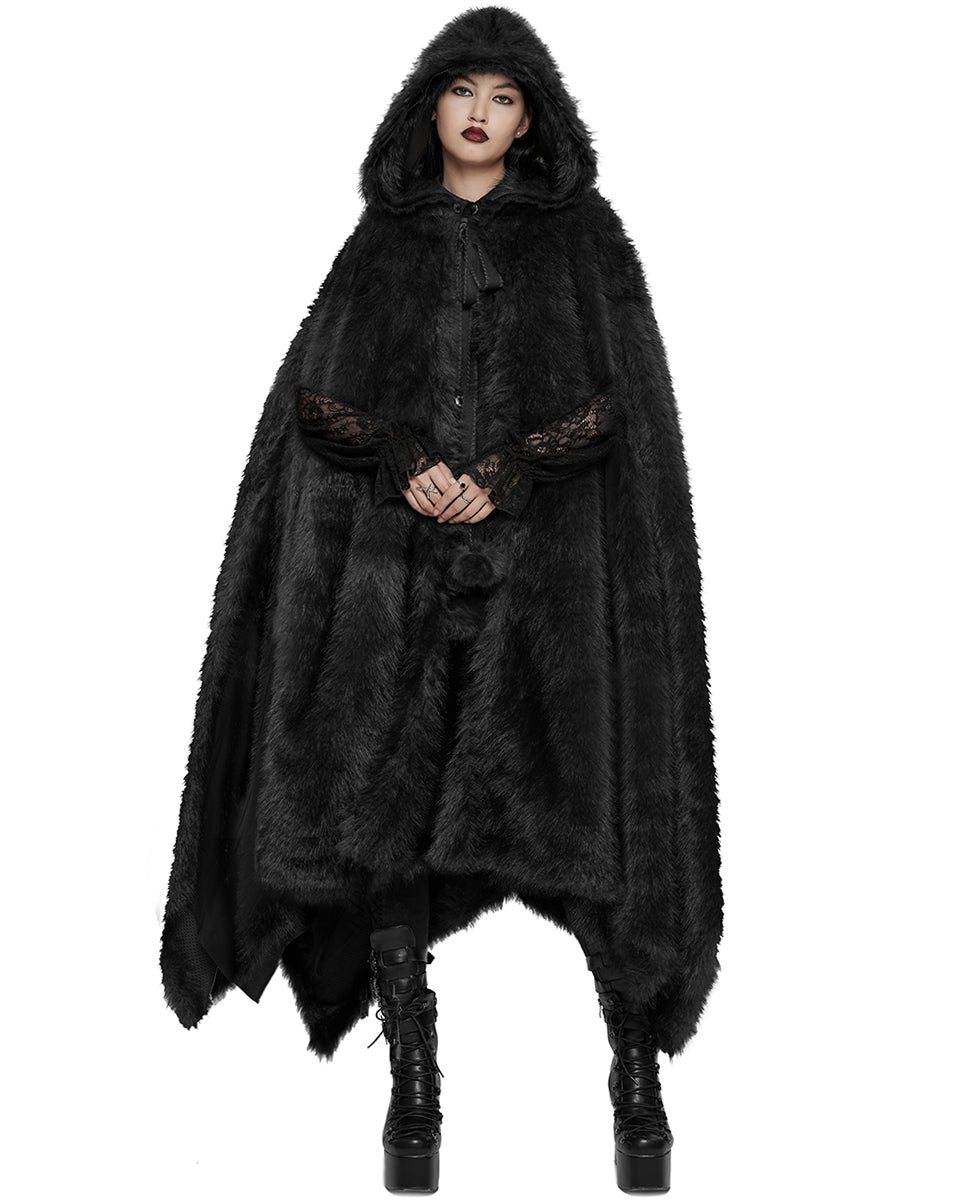WY-1663DPF Womens Long Gothic Faux Fur Asymmetric Hooded Winter Cloak - Black