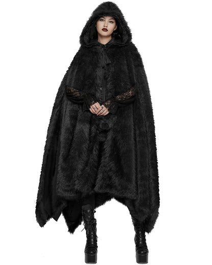 WY-1663DPF Womens Long Gothic Faux Fur Asymmetric Hooded Winter Cloak - Black