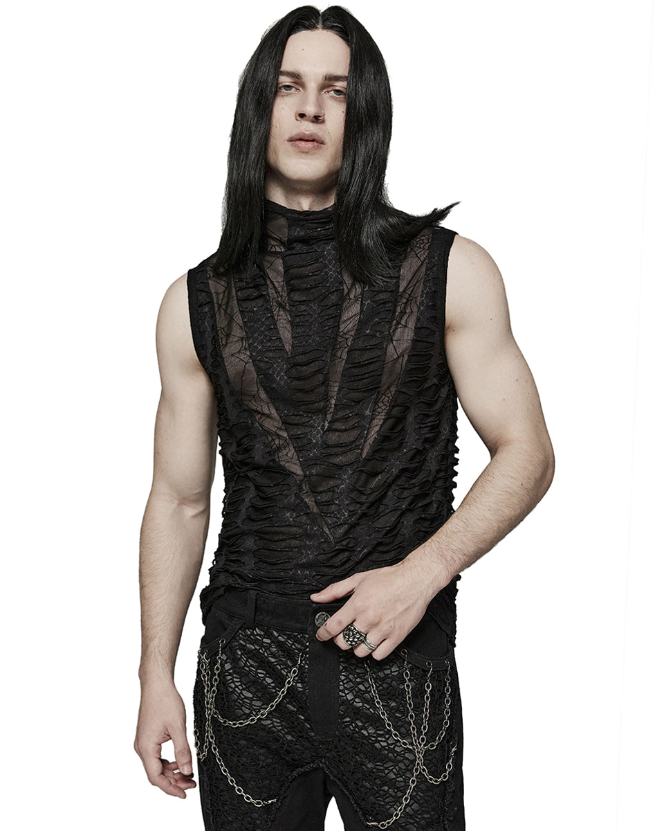 PR-T777-BKM Mens Apocalyptic Gothic Shredded Mesh Tank Top Vest