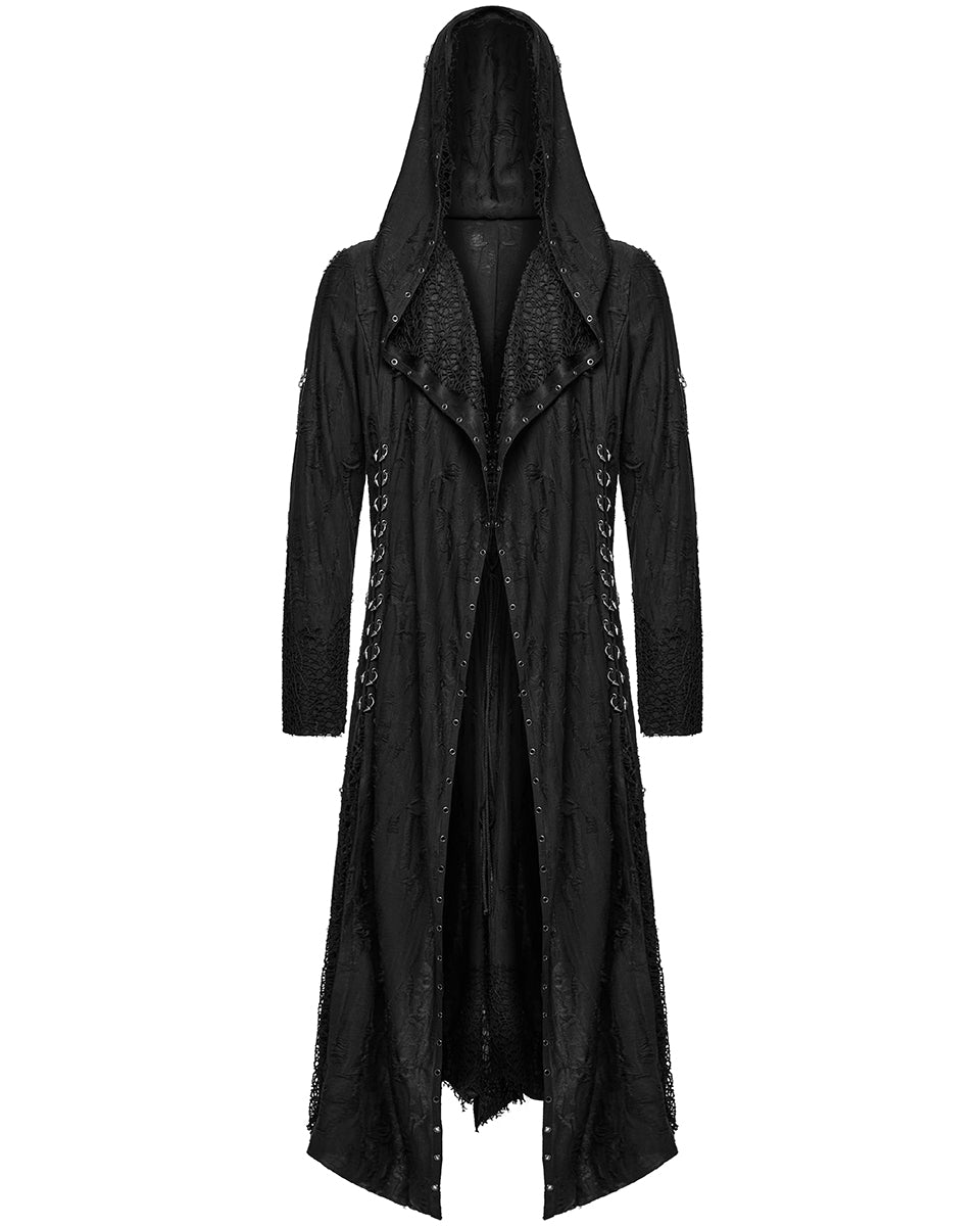 WY-1795XCM-BKM Mens Apocalyptic Gothic Broken Knit Hooded Piercing Cloak Jacket