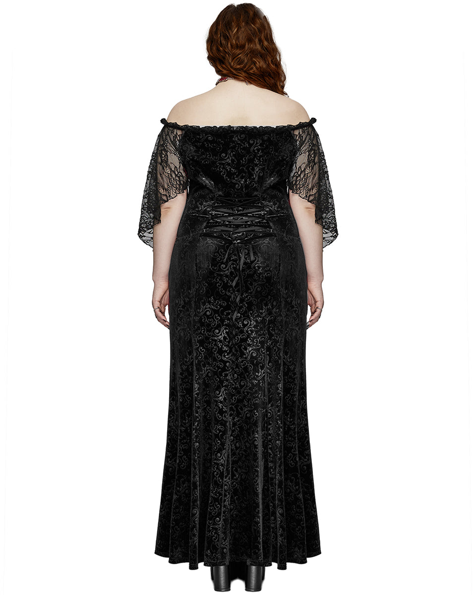 DQ-730LQF Plus Size Womens Gothic Embossed Velvet Off-Shoulder Maxi Dress - Black