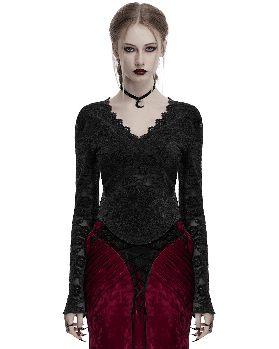 OT-1014TCF-BKF Womens Elegant Floral Lace V-Neck Top - Black