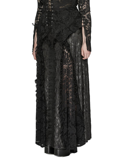 DQ-744BQF Plus Size Womens Gothic Embossed Damask & Lace Maxi Skirt