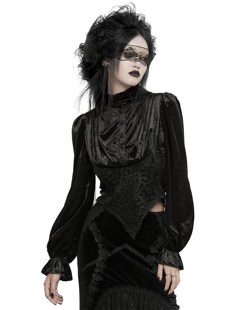 WY-1636CCF Womens Victorian Gothic Velvet Blouse Top With Lace Contrast