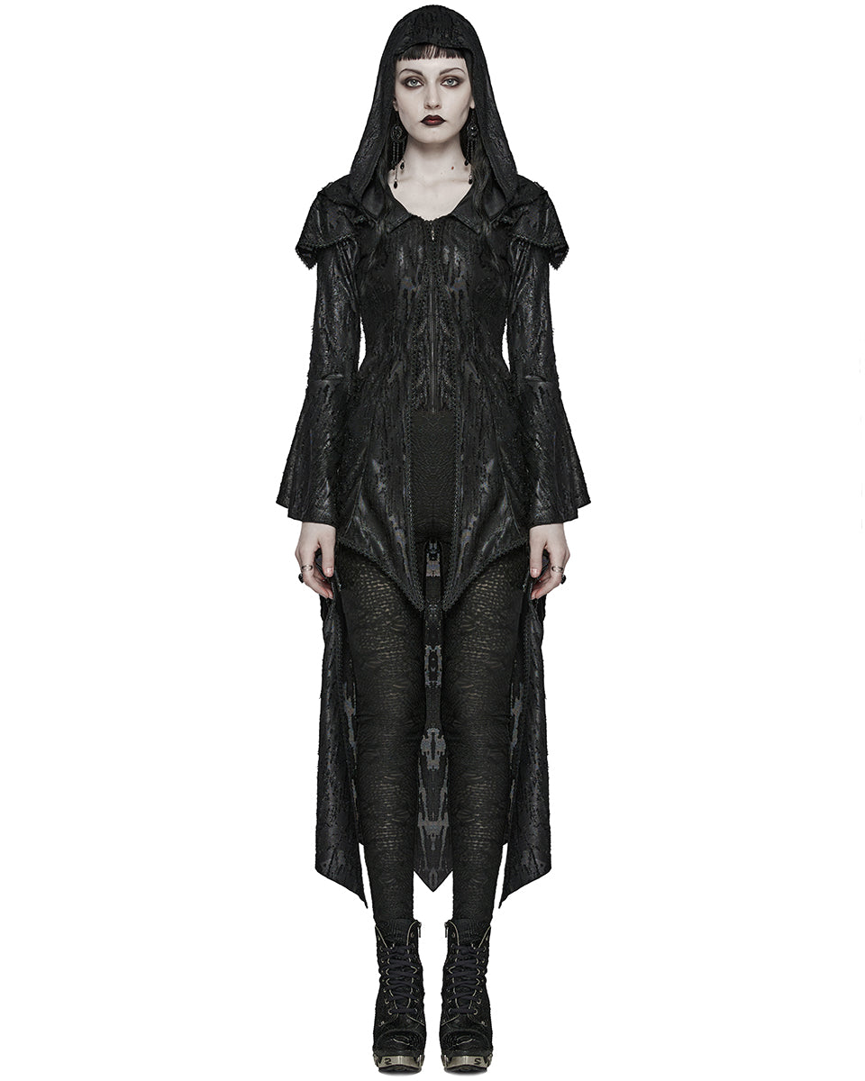 WY-1584ZCF-BKF Womens Long Gothic Witch Broken Knit Hooded Jacket