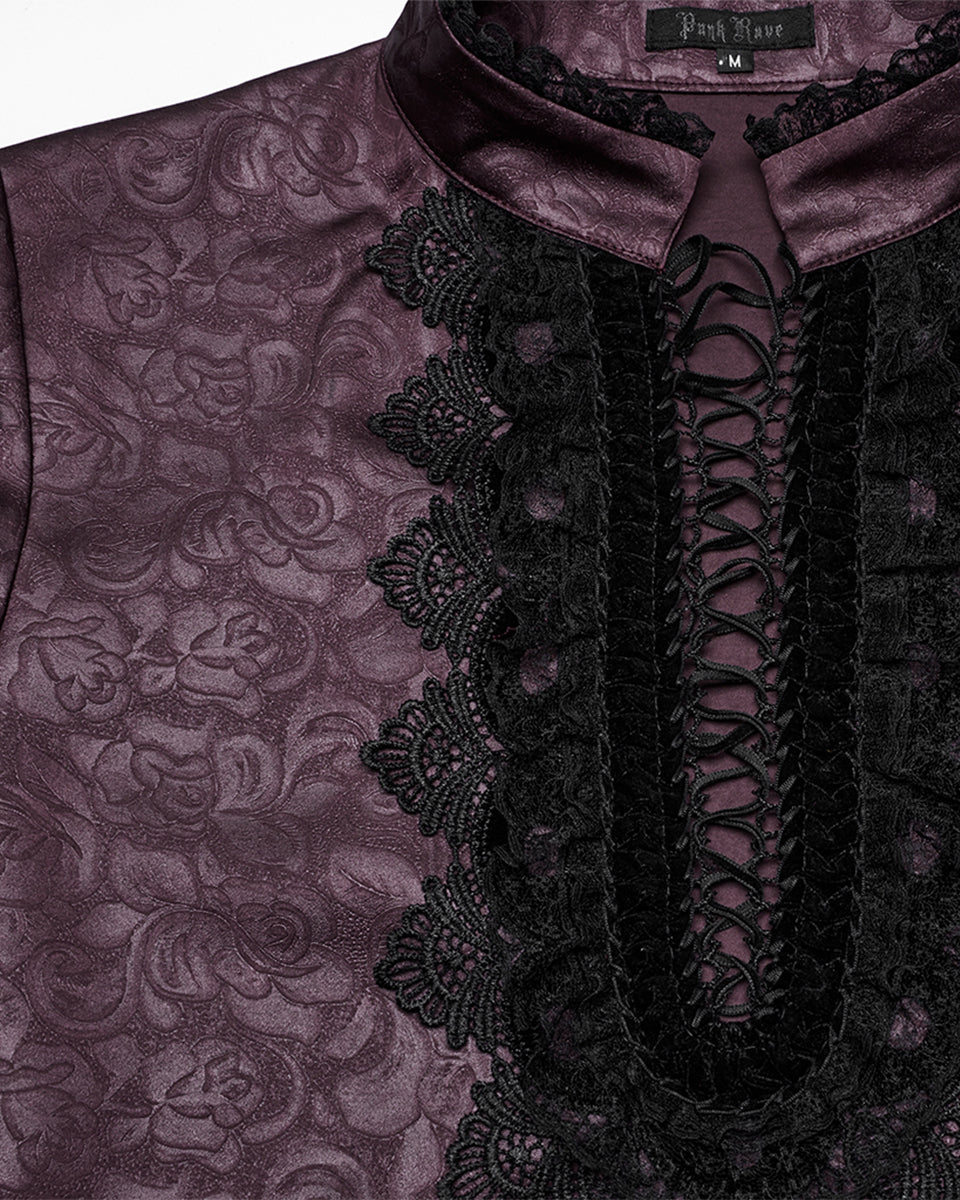 PR-WY-1785 Mens Gothic Embossed Print Lace-Up Pirate Shirt - Red