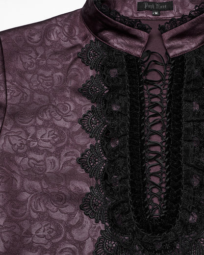 PR-WY-1785 Mens Gothic Embossed Print Lace-Up Pirate Shirt - Red