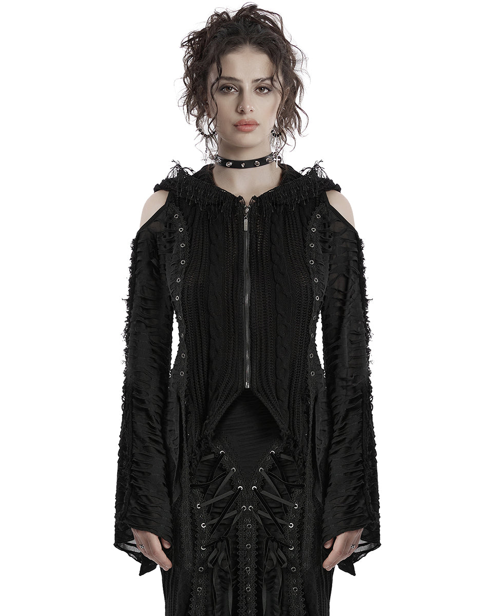 OM-089KMF Daily Life Apocalyptic Gothic Spliced Shredded Knit Hooded Cardigan Jacket