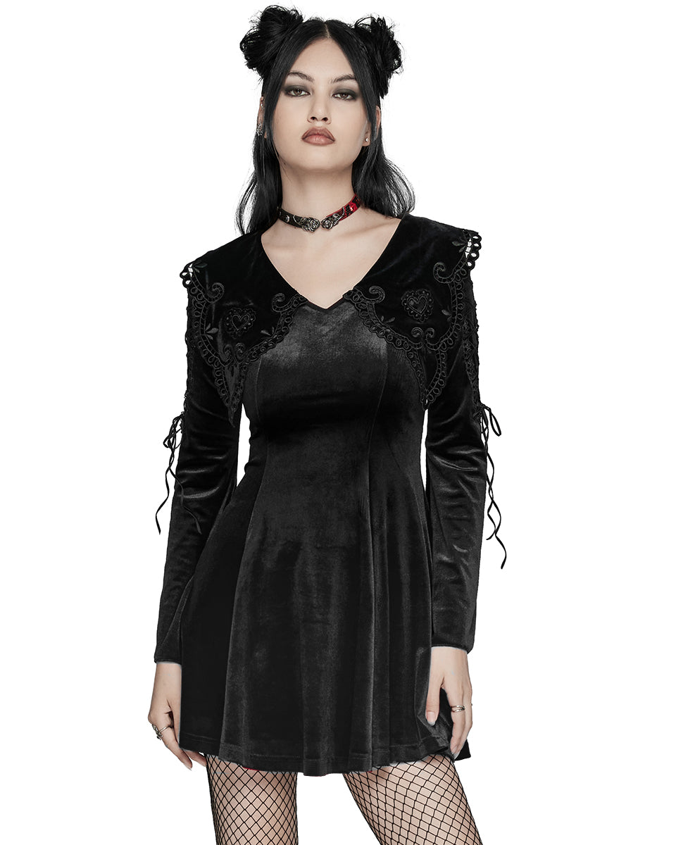 WQ-770DQF Womens Gothic Velvet Mini Dress With Oversize Embellished Collar - Black