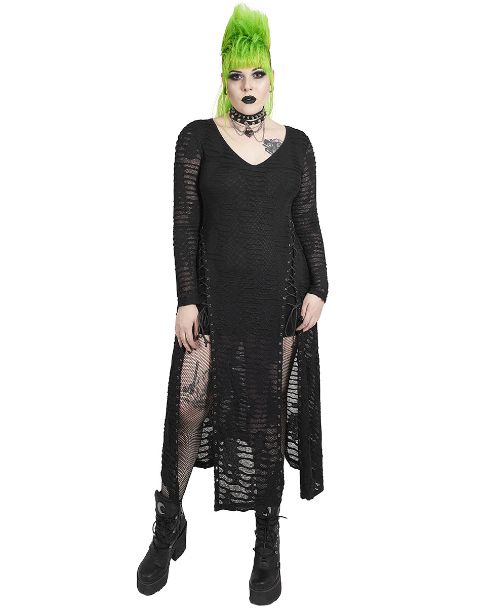 DQ-510 Plus Size Womens Snakescale Apocalyptic Gothic Split Leg Maxi Dress