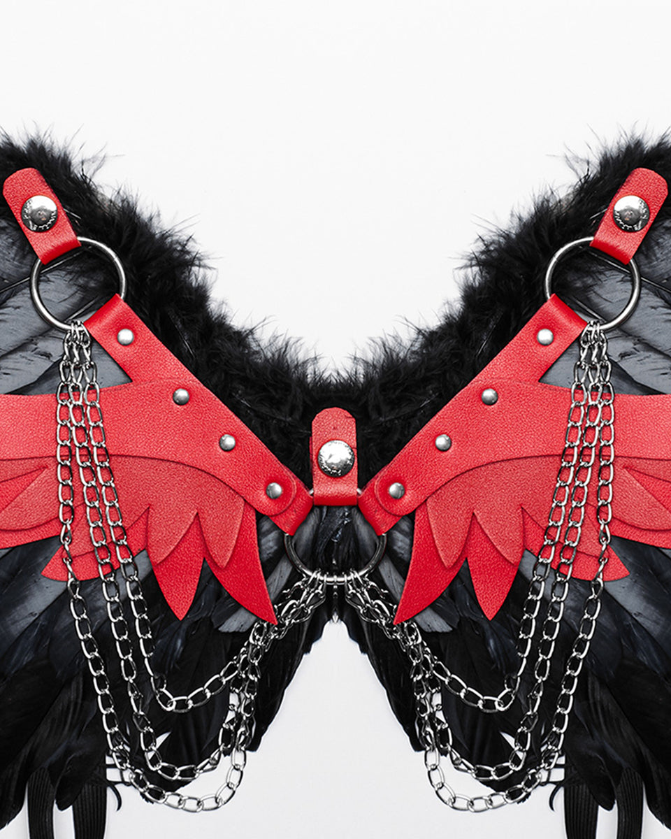 PR-WS-609BDF-BKRDF Womens Fallen Angel Gothic Feathered Wings Harness - Black & Red