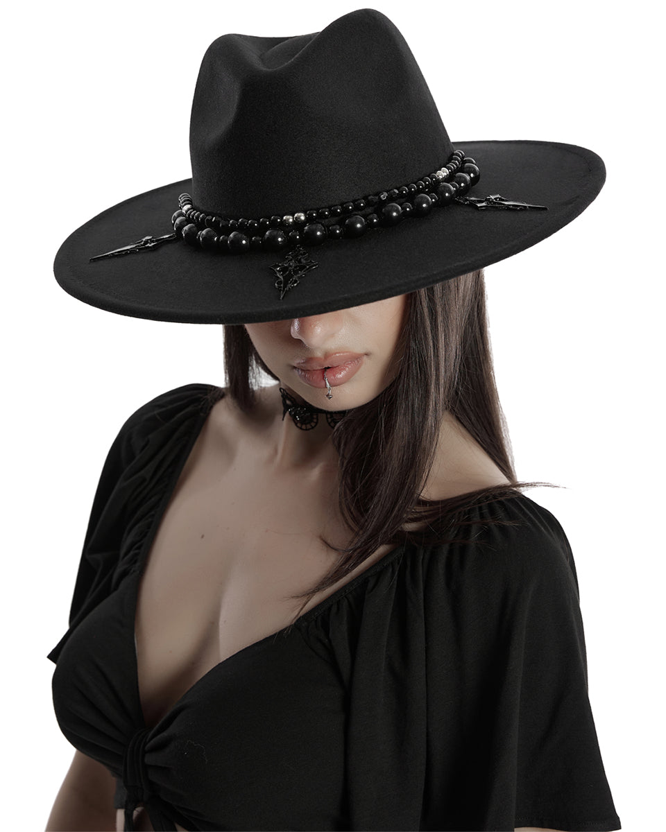 OS-759MZ Daily Life Womens Gothic Beaded Wide Brim Fedora Hat - Black