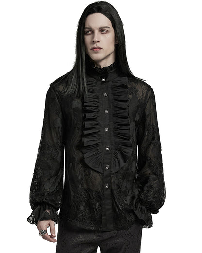 WY-1592CCM-BKM Mens Romantic Gothic Dark Floral Lace Ruffled Poet Shirt