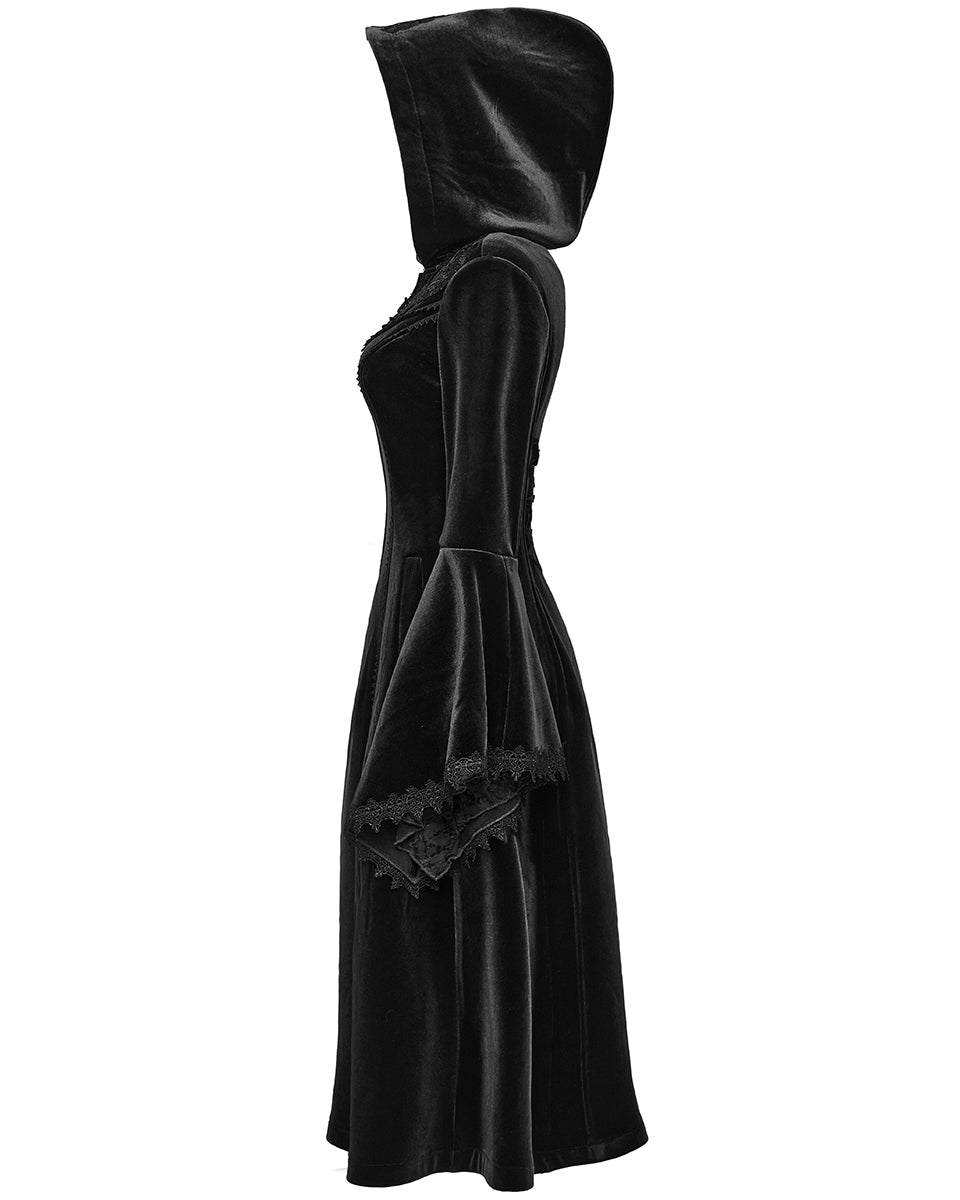 PR-DY-1510LCF-BKF Womens Gorgeous Gothic Lace Applique Hooded Coat - Extended Size Range - Black Velvet