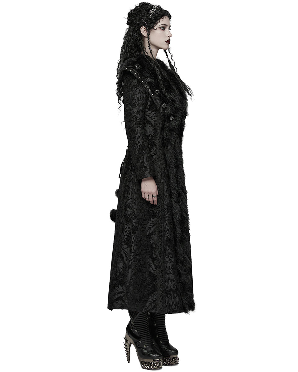 WY-1808XCF Womens Long Gothic Aristocrat Jacquard & Faux Fur Winter Coat