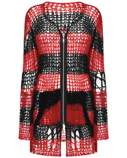 WM-077KMF-RDF Womens Gothic Striped Shredded Cardigan Sweater - Red & Black