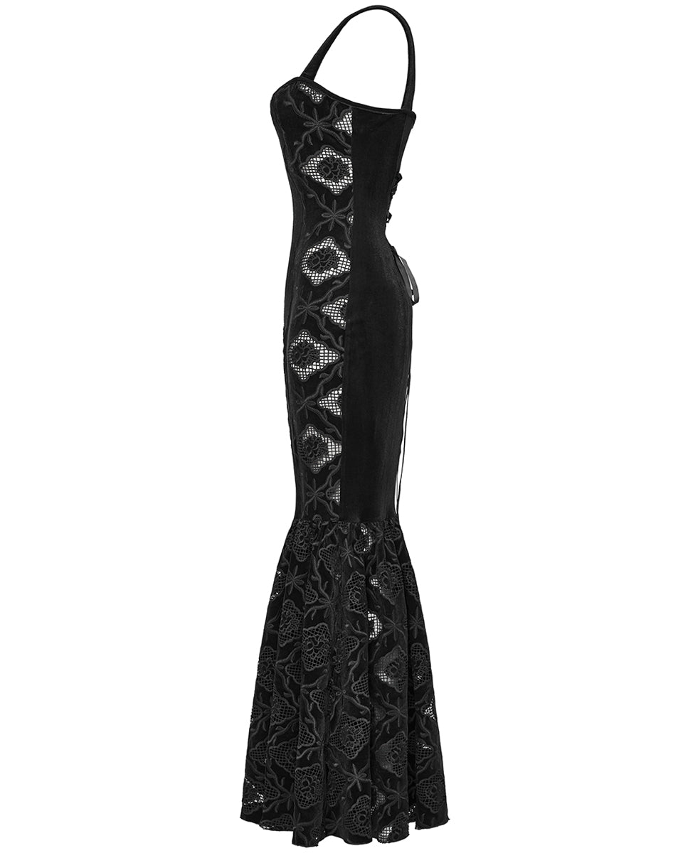 WQ-837LQF Womens Long Gothic Velvet Lace Applique Cutout Dress - Black