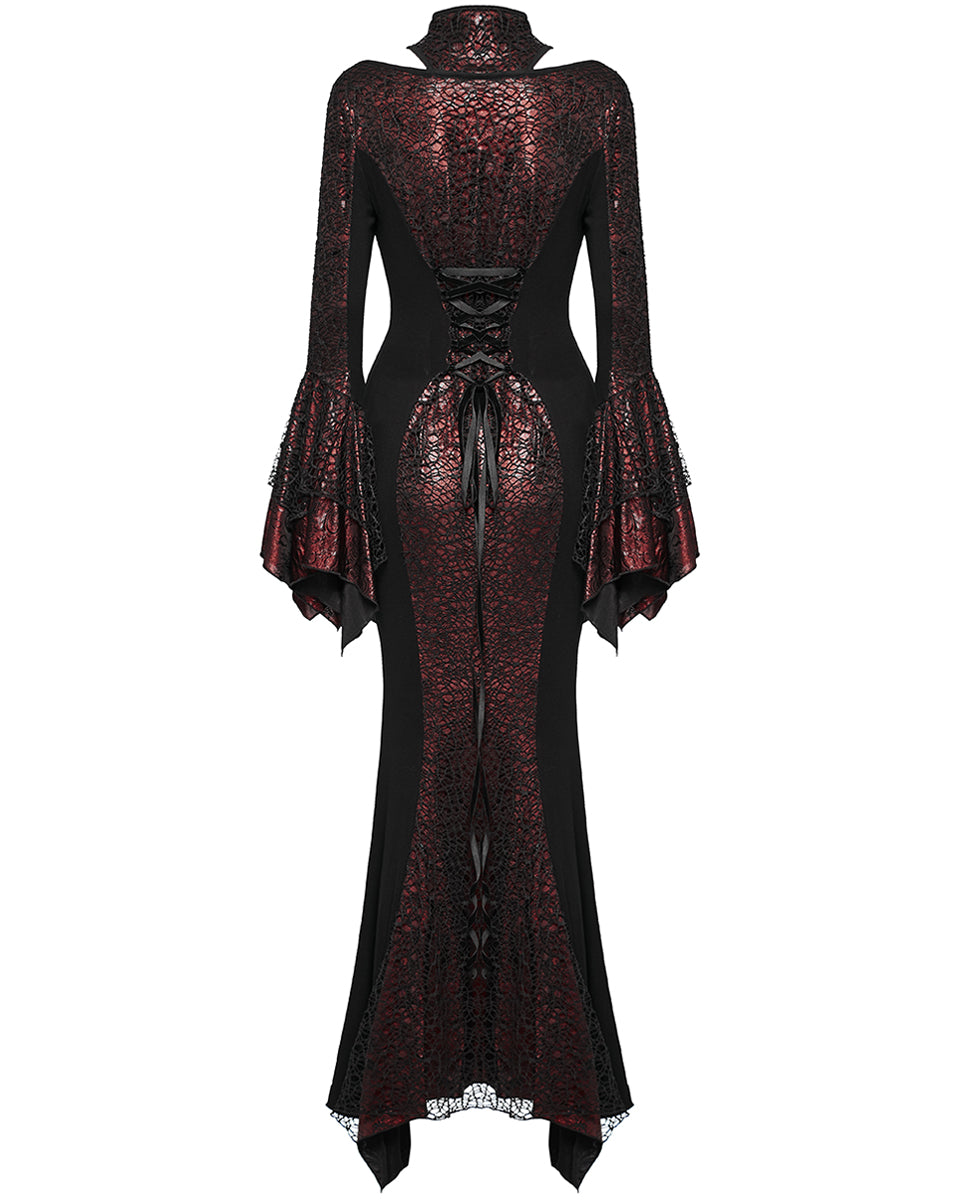 WQ-772LQF Womens Long Gothic Fitted Maxi Dress With Mesh Contrast - Red & Black