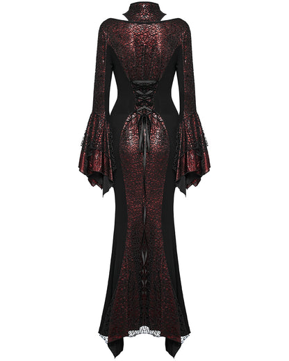 WQ-772LQF Womens Long Gothic Fitted Maxi Dress With Mesh Contrast - Red & Black