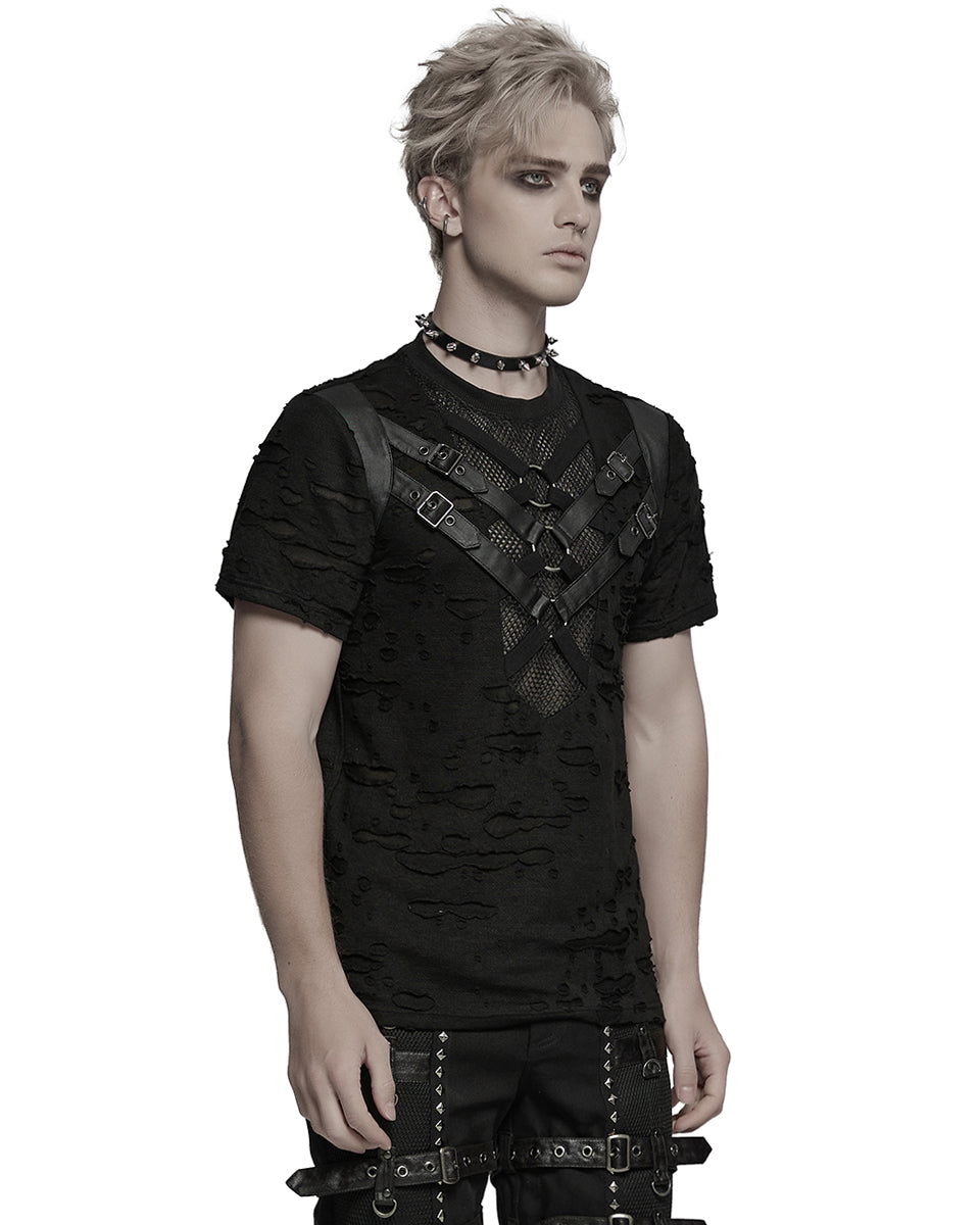WT-1005TDM-BKM Mens Apocalyptic Gothic Shredded Fishnet Inset T Shirt Top