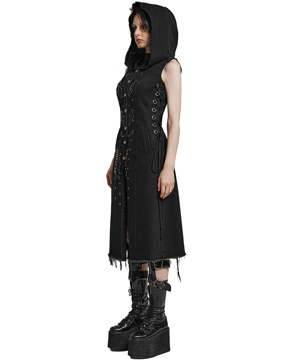 WY-1574MJF Womens Apocalyptic Wasteland Punk Long Hooded Sleeveless Vest Jacket