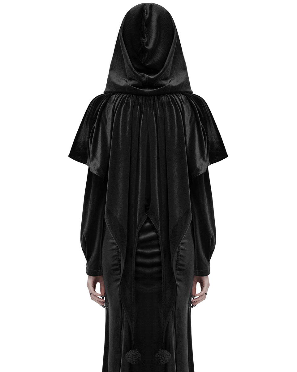 OPY-444DQF Daily Life Womens Velvet Gothic Lolita Hooded Split Tails Bolero Cape - Black