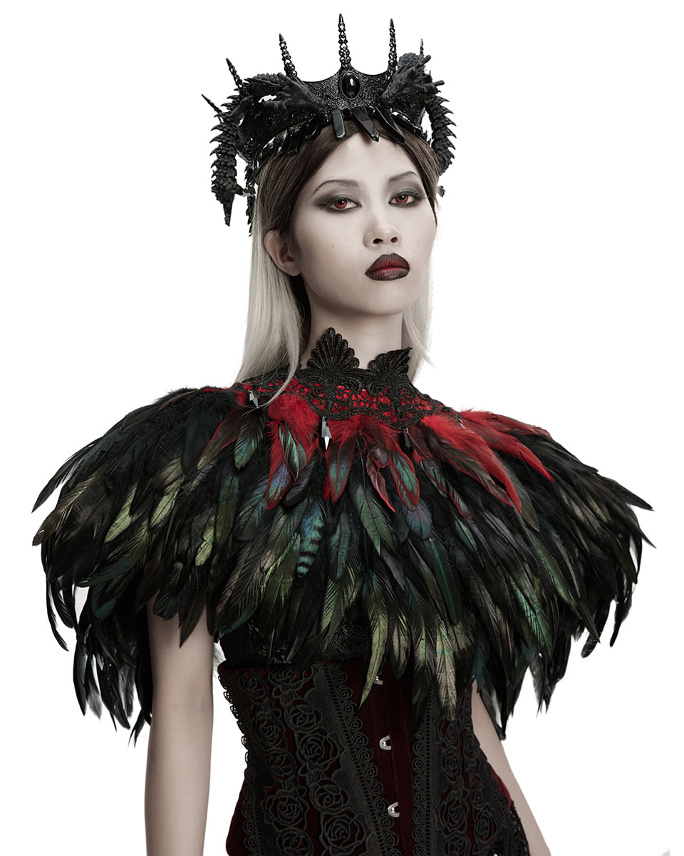 WS-807QTF Womens Gothic Burlesque Feathered Shawl Cape - Black & Red