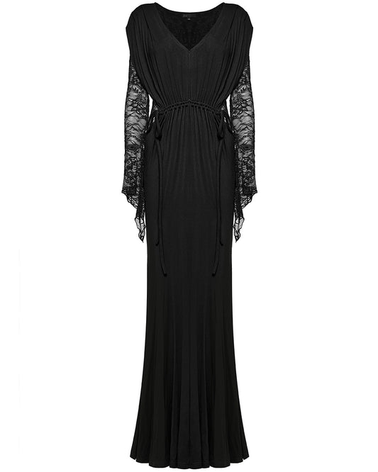 WQ-759LQF Womens Long Gothic Lace Sleeves Ruched Maxi Dress