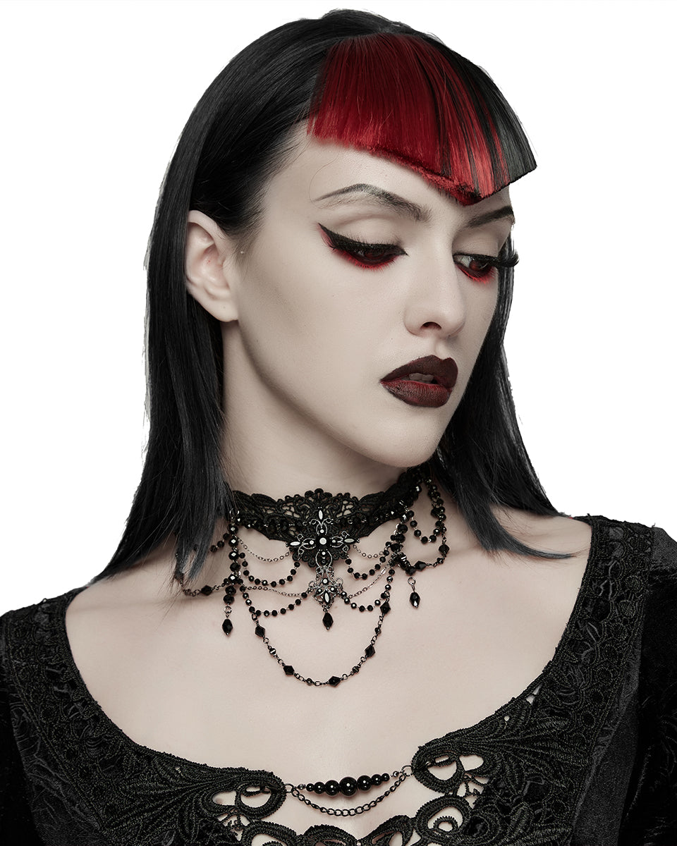 WS-896LHF Womens Elegant Gothic Beaded & Chained Lace Crucifix Necklace