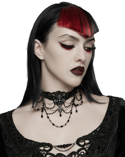 WS-896LHF Womens Elegant Gothic Beaded & Chained Lace Crucifix Necklace