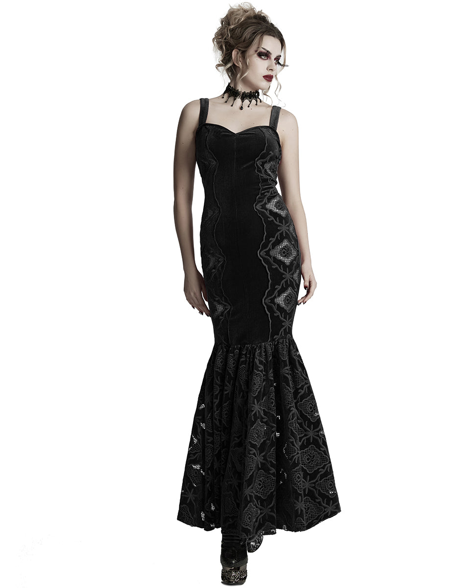 WQ-837LQF Womens Long Gothic Velvet Lace Applique Cutout Dress - Black