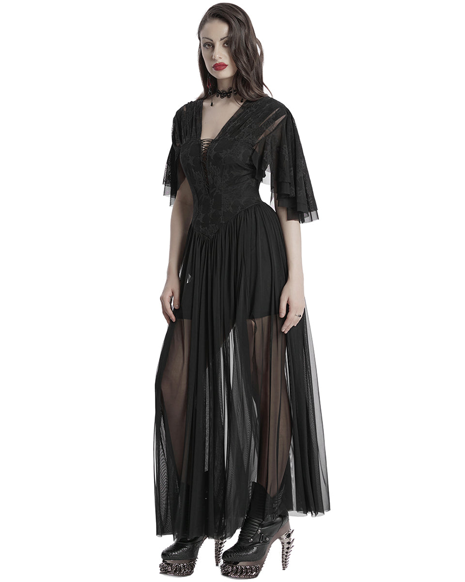 OQ-805LQF Daily Life Long Gothic Rose Lace & Pleated Mesh Lace Up Maxi Dress