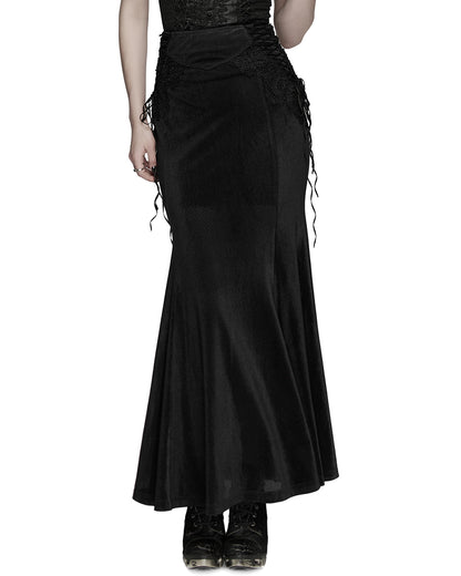 PR-WQ-929BQF-BKF Womens Long Gothic Velvet & Lace Applique Maxi Skirt