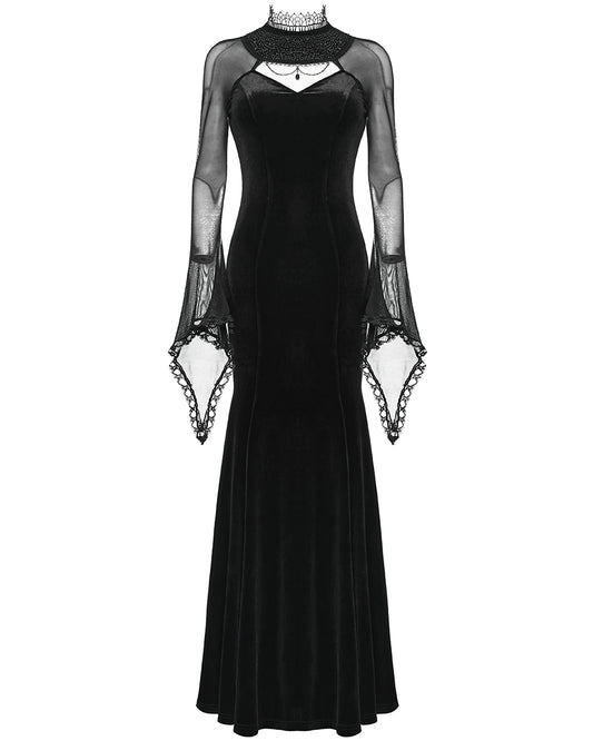PR-WQ-666LQF-BKF Womens Regency Gothic Velvet & Mesh Beaded Evening Dress