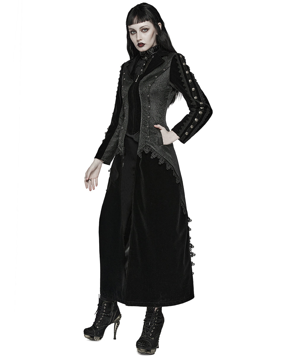 WY-1577XCF-BKF Womens Long Gothic Velvet & Jacquard Court Coat