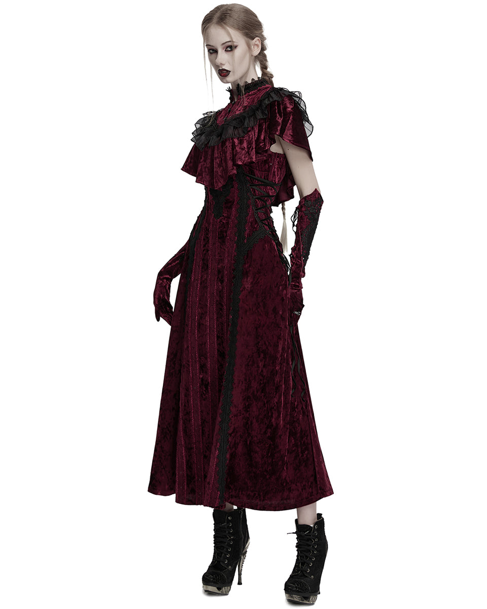 OQ-856LQF Daily Life Womens Long Gothic Crushed Velvet Applique Maxi Dress - Red