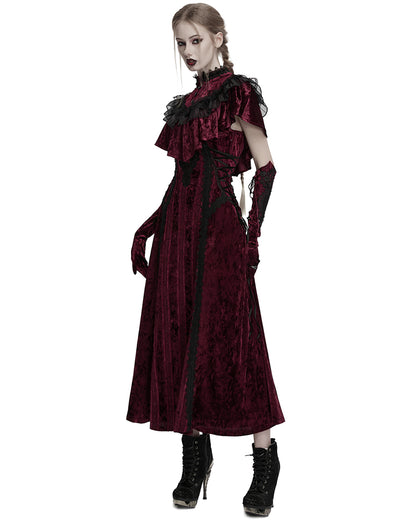 OQ-856LQF Daily Life Womens Long Gothic Crushed Velvet Applique Maxi Dress - Red