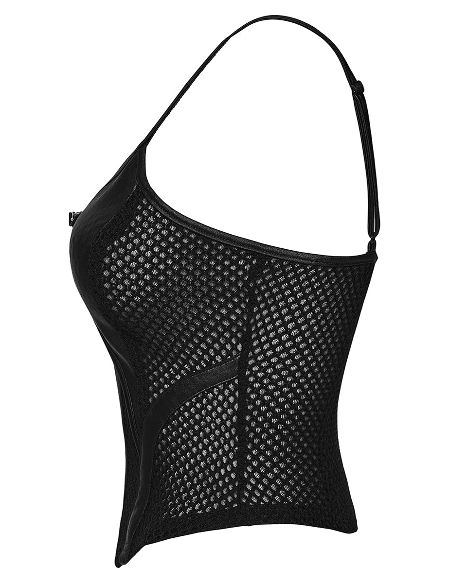 PR-OT-1070DDF-BKF Daily Life Womens Cyberpunk Faux Leather & Mesh Skull Camisole Vest Top