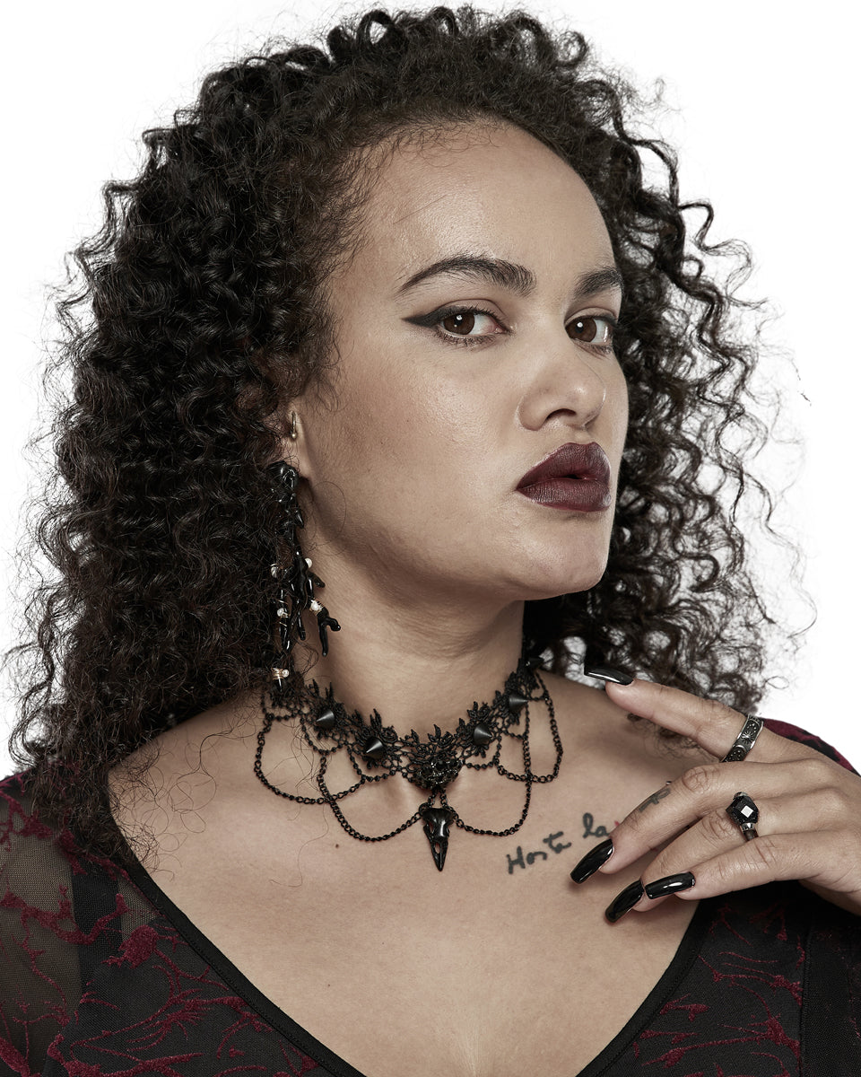 DS508-BKF Gothic Bird Skull Choker Necklace Collar Studded Black Lace Chain