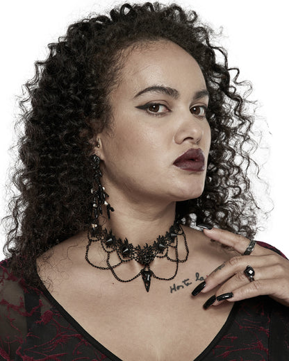 DS508-BKF Gothic Bird Skull Choker Necklace Collar Studded Black Lace Chain